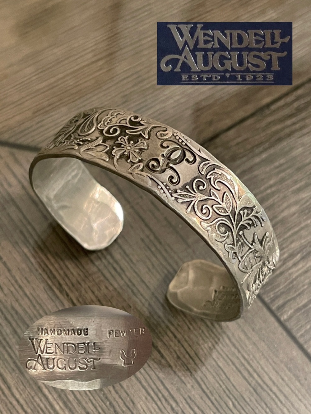 Vintage Wendell August Floral Monogramed “P”Pewter Cuff Bracelet